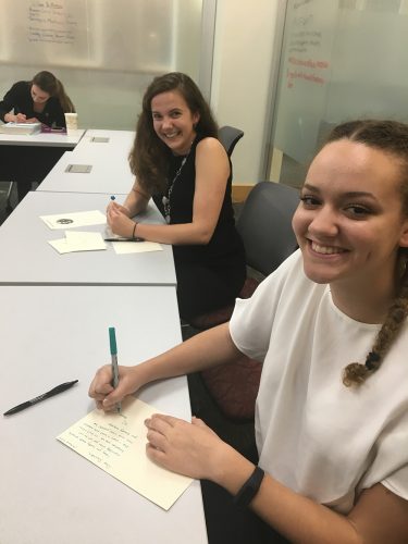 OPCD Fellow, Sarah Hoyle, and ZSR Ambassador, Hannah Goodwin, practice writing thank you notes