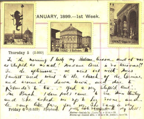 Entries from Mary Josephine Lyon's excursions in France and Italy in 1899 describe attractions and her personal perspectives on her travels and social life.