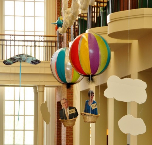photo of the Library Decorating Committee's flight-themed project, complete with balloons for President Hatch and his wife Julie, in the Spring of 2011.