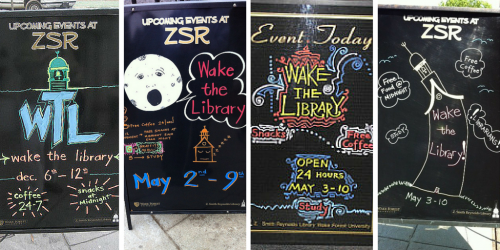 Four sandwich board signs promoting Wake the Library events throughout the years.