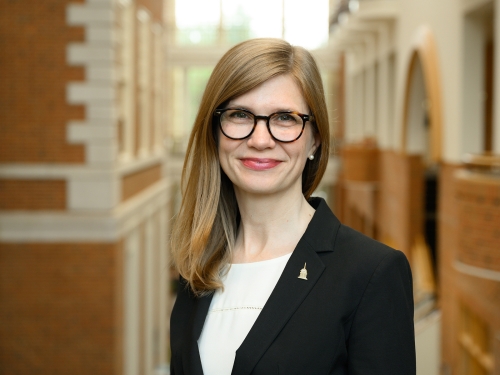 Wake Forest University Dean of the ZSR Library Lauren Pressley poses for portraits on the fourth floor bridge overlooking the ZSR Library atrium on Monday, September 15, 2025.