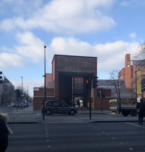 photograph of main entrance to The British Library.