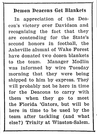 A 1923 article from Wake Forest's Old Gold and Black Newspaper that uses the nickname "Demon Deacons."