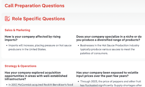 Example of section of IBISWorld report showing some call preparation questions
