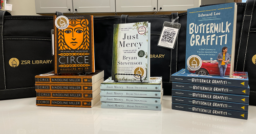 library book club kits featuring titles Circe, Just Mercy, and Buttermilk Graffiti