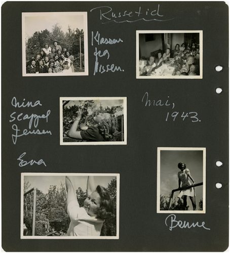 A scrapbook page of five black and white photographs, captioned in Norweigan