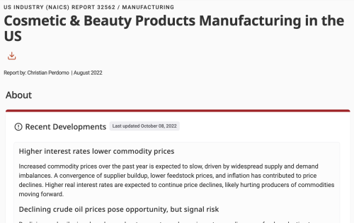 Screenshot of an IBIS World Report on the Comestic & Beauty Products Manufacturing in the US showing the section "Recent Developments" 