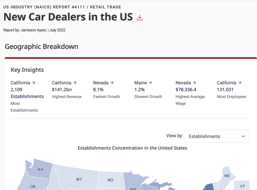 Screen shot from the IBIS World report on New Car Dealers in the US, showing the geographic breakdown section