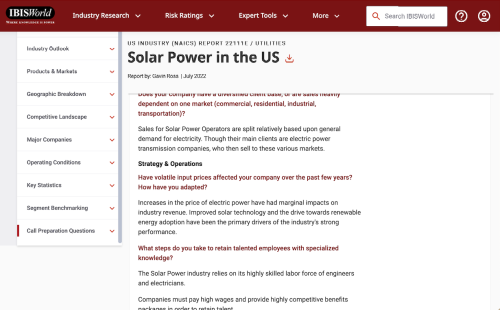 Screen shot from the IBIS World report on Solar Power in the US featuring the "Call Prep" questions
