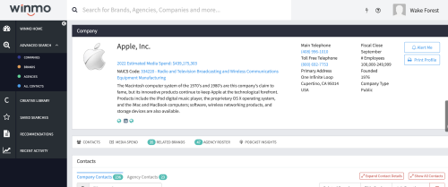 Screenshot of a Winmo Company Profile for Apple Inc. 