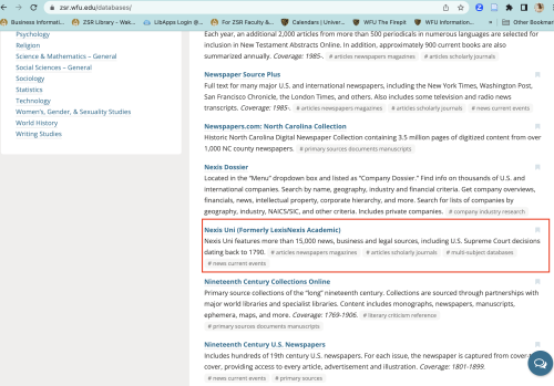 Screenshot of ZSR's Find a Database Page with NexisUni highlighted
