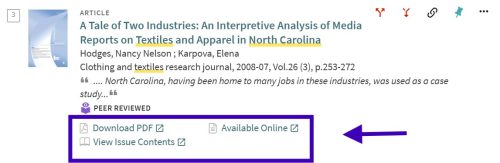 This image shows a sample article from the ZSR Library Catalog, with a purple box around the links for accessing full text.