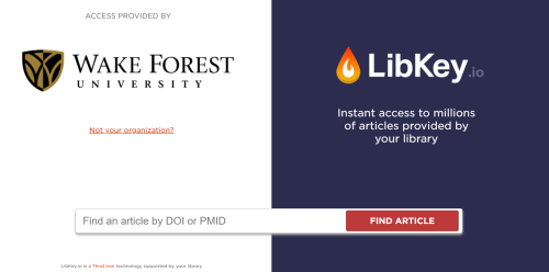This image shows the libkey.io landing page showing a Wake Forest University logo to indicate that access is provided by the university. It also has a box to enter a DOI or PMID.