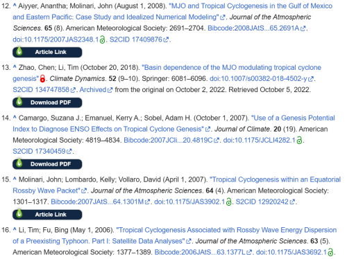 This image shows five citations in the Wikipedia entry for Pacific Typhoons that show a LibKey Nomad article link with a green icon.