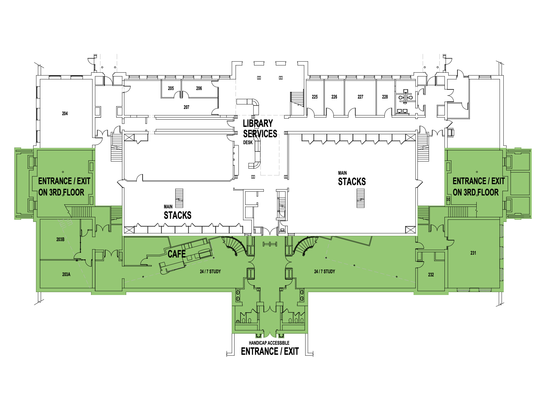 Map of ZSR Library Level 2, indicating areas of limited access