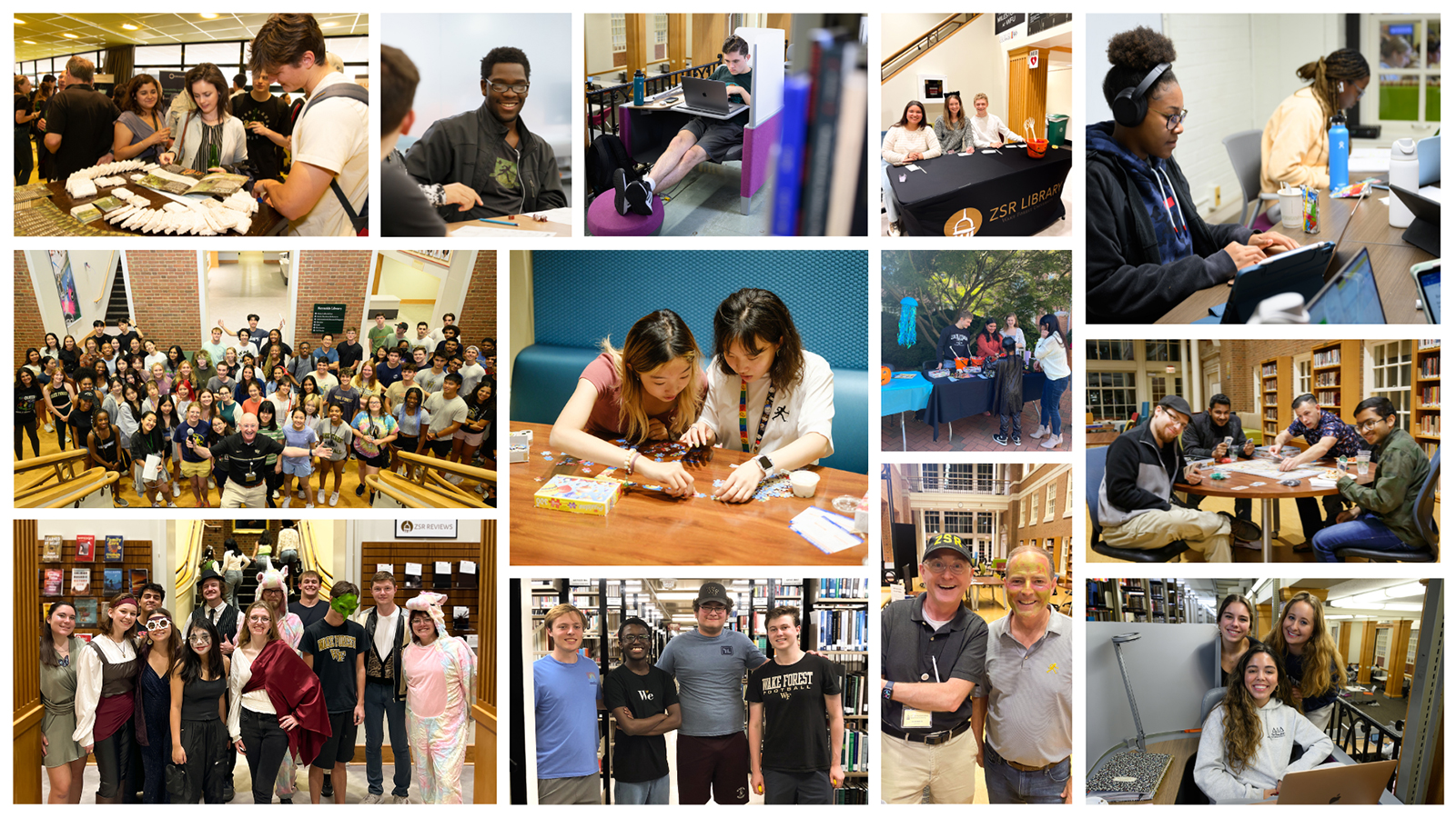 A collage of 13 pictures depicting student, faculty, and staff involvement in the library