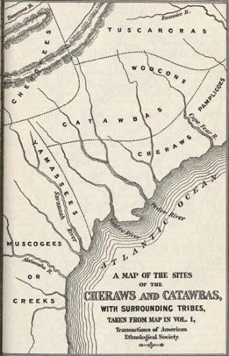 Historical map of what is now North and South Carolina showing which native people groups reside where 