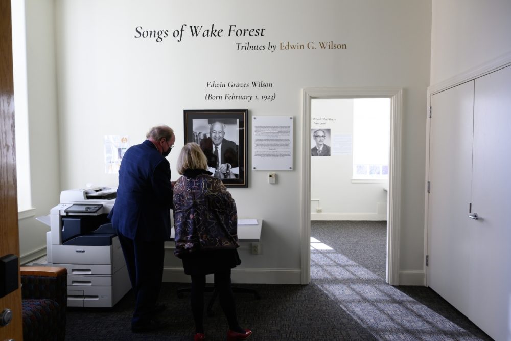Guests make a stop by Room 425 in the ZSR Library to see the new exhibit Songs of Wake Forest.