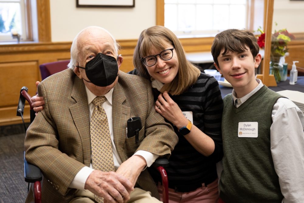 Guests visit with Dr. Ed Wilson during Dr. Wilson's 100th Birthday Celebration at the ZSR Library.