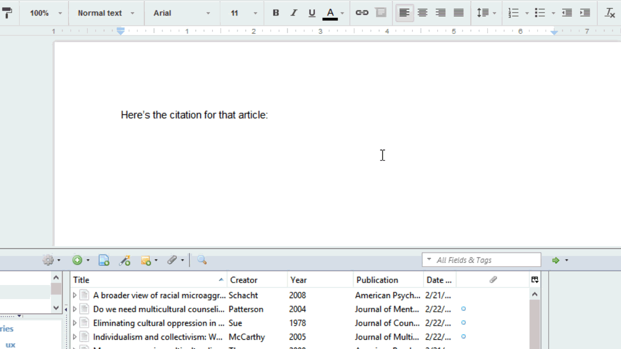 animation demonstrating how to drag a citation out of zotero and into a word document