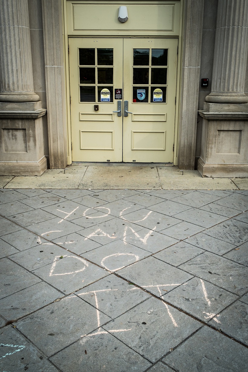 A motivational slogan - You can do it! - is scrawled outside the Z. Smith Reynolds Library on the Wake Forest campus