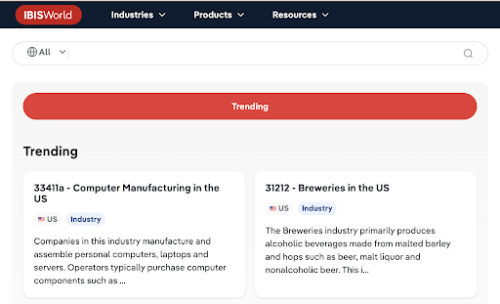 Image showing search bar and trending reports page of IBISworld