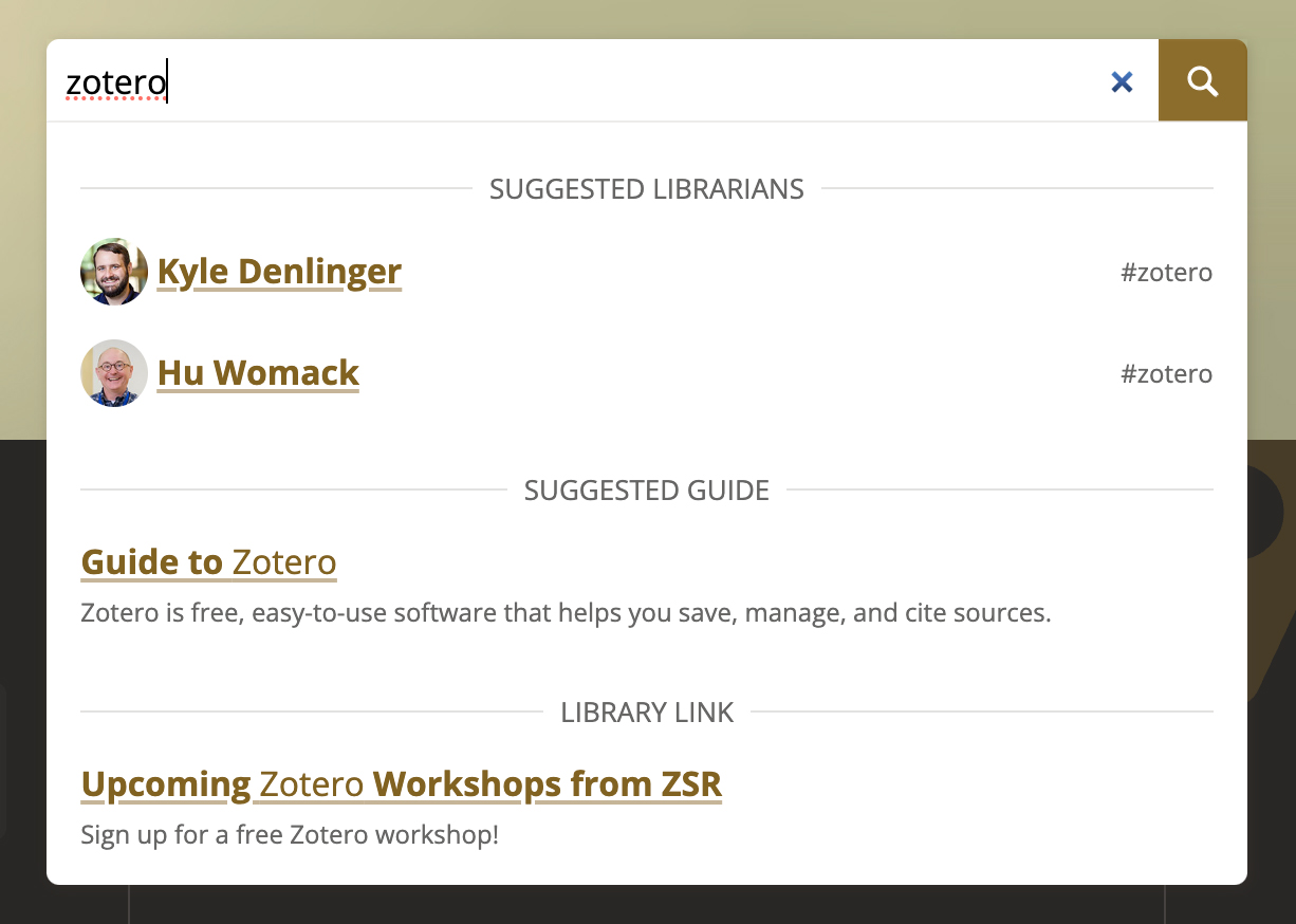 Screenshot showing ZSR Search Suggestions for zotero