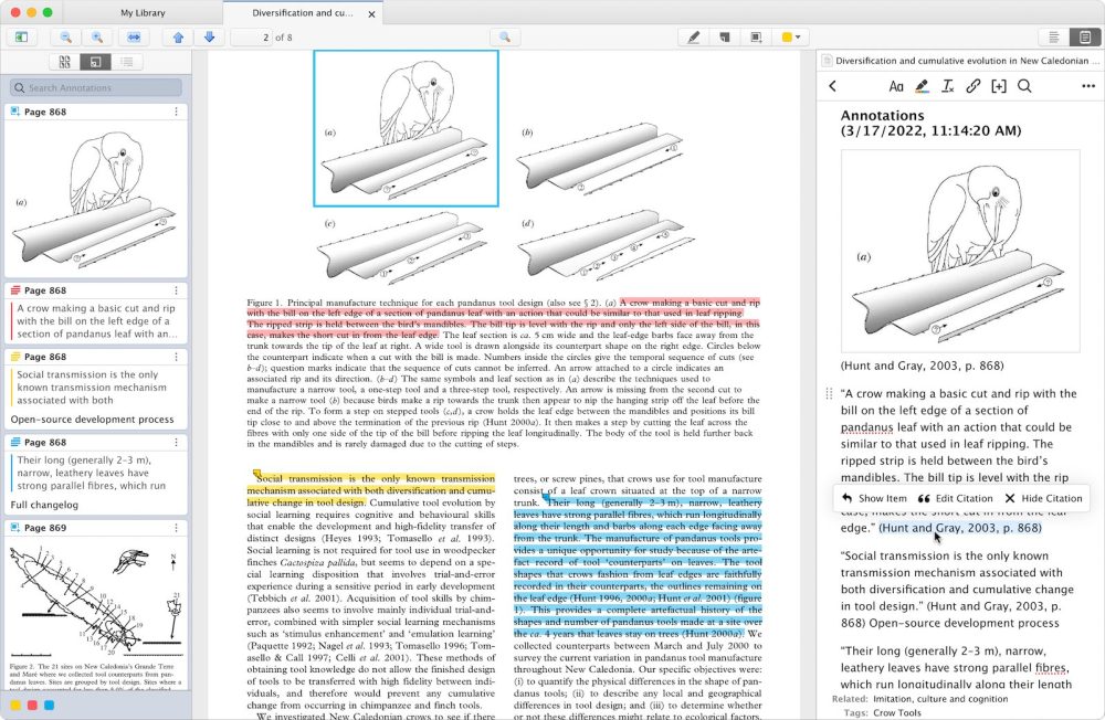 zotero pdf reader displaying a scholarly article with sections highlighted in different colors