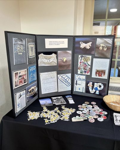 Three-panel display of items in the Strings Historical Collection