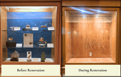 This image features a side-by-side comparison of one of ZSR's display cases. The left photo, labeled "Before Renovation," shows what the case looked like before work began: old paneling with a paper background and open lighting at the top. The right case, labeled "During Renovation," is empty with a newly wood-paneled interior and visible electrical outlet, highlighting ongoing updates.