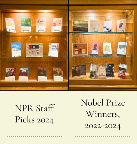 Two photos featuring the books displays "NPR Staff Picks 2024" and "Nobel Prize Winners 2022-2024."