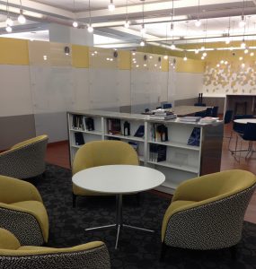 View of available seating in the Lounge. Notice the writable wall space along the partition.