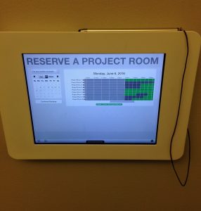 Students (and university faculty and staff) can use stand alone touchscreens at the entrance of each meeting space to reserve the rooms (and check on availability). Project spaces can also be reserved online in advance.
