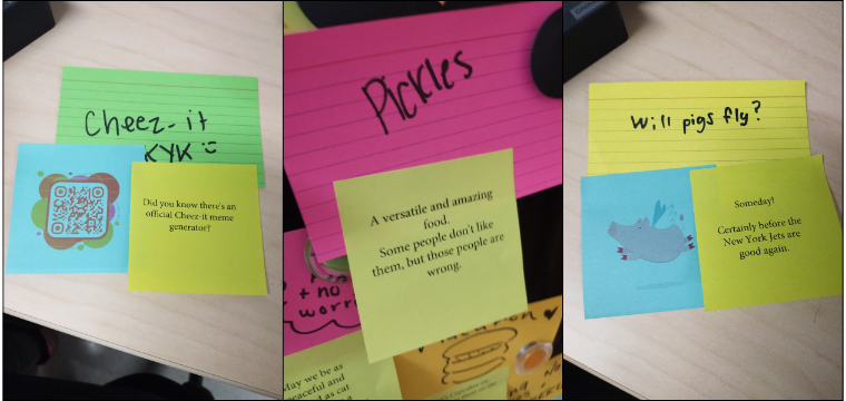 Comment: Cheez-it IYKYK ;) Response: Did you know there's an official Cheez-It meme generator? [QR code attached] Comment: pickles Response: A versatile and amazing food. Some people don't like them, but those people are wrong. Comment: Will pigs fly? Response: Someday Certainly before the New York Jets are good again. [cartoon of a pink pig with wings]