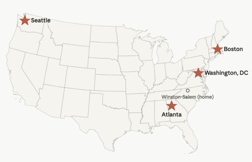 Map of US highlighting Atlanta, DC, Boston, and Seattle