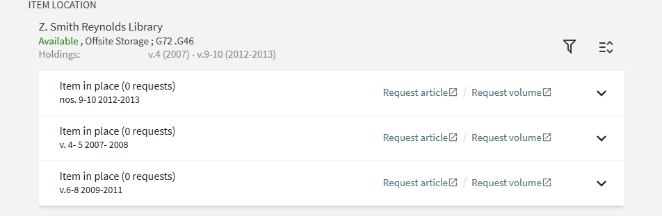 A screenshot of a journal record showing the option to select "article" or "volume."