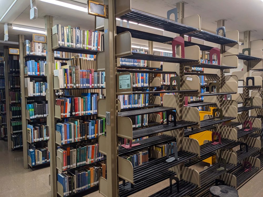 Empty bookshelves in front of the recently filled shelves.