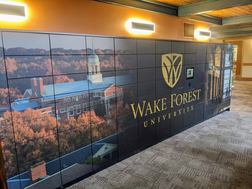 The smart lockers used for book and document delivery at ZSR Library.