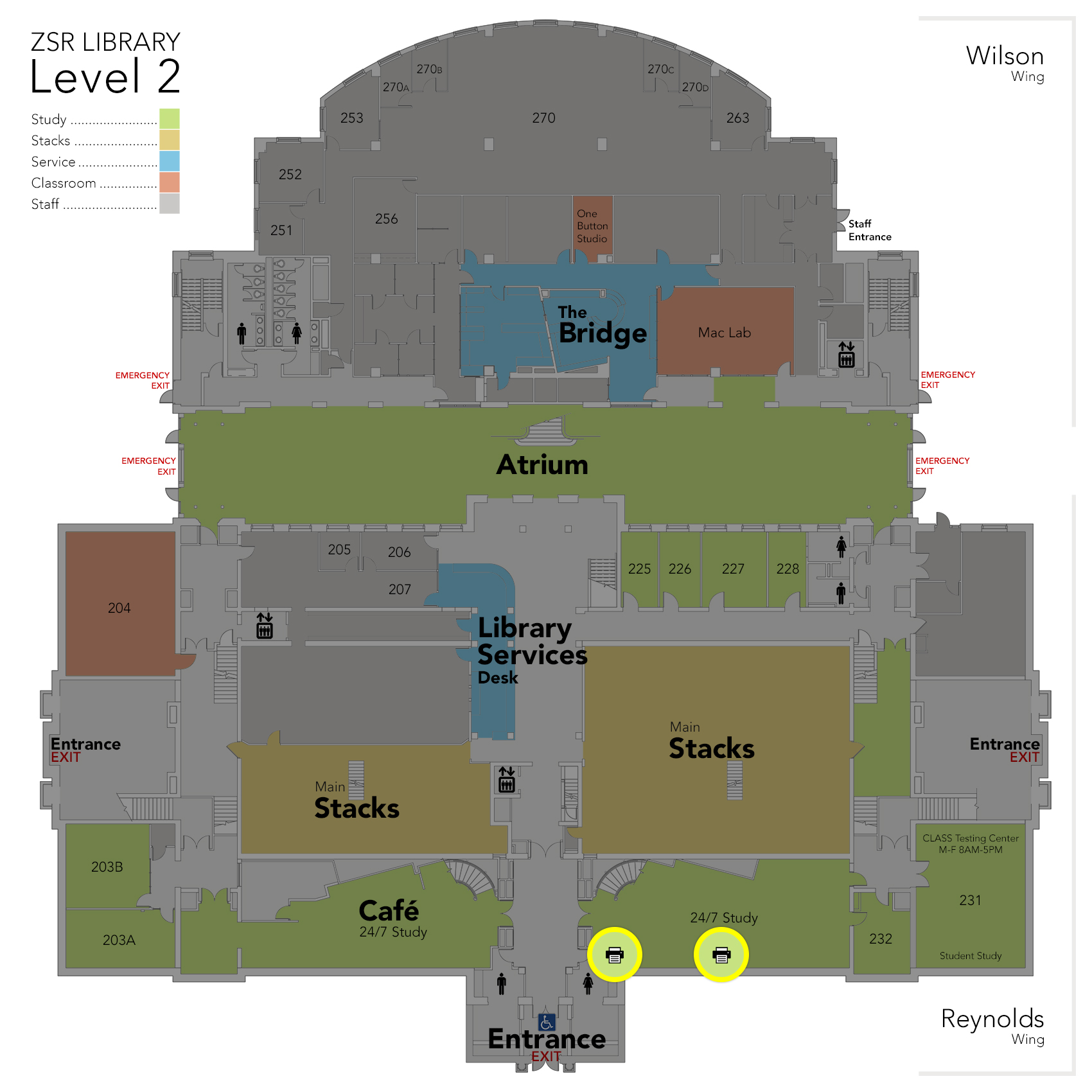 Locations of printers on Level 2