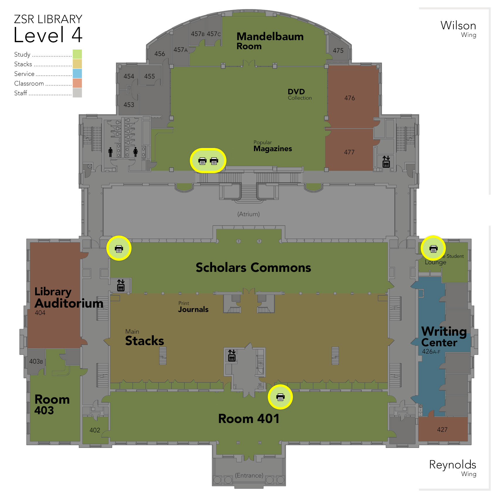 Locations of printers on Level 4